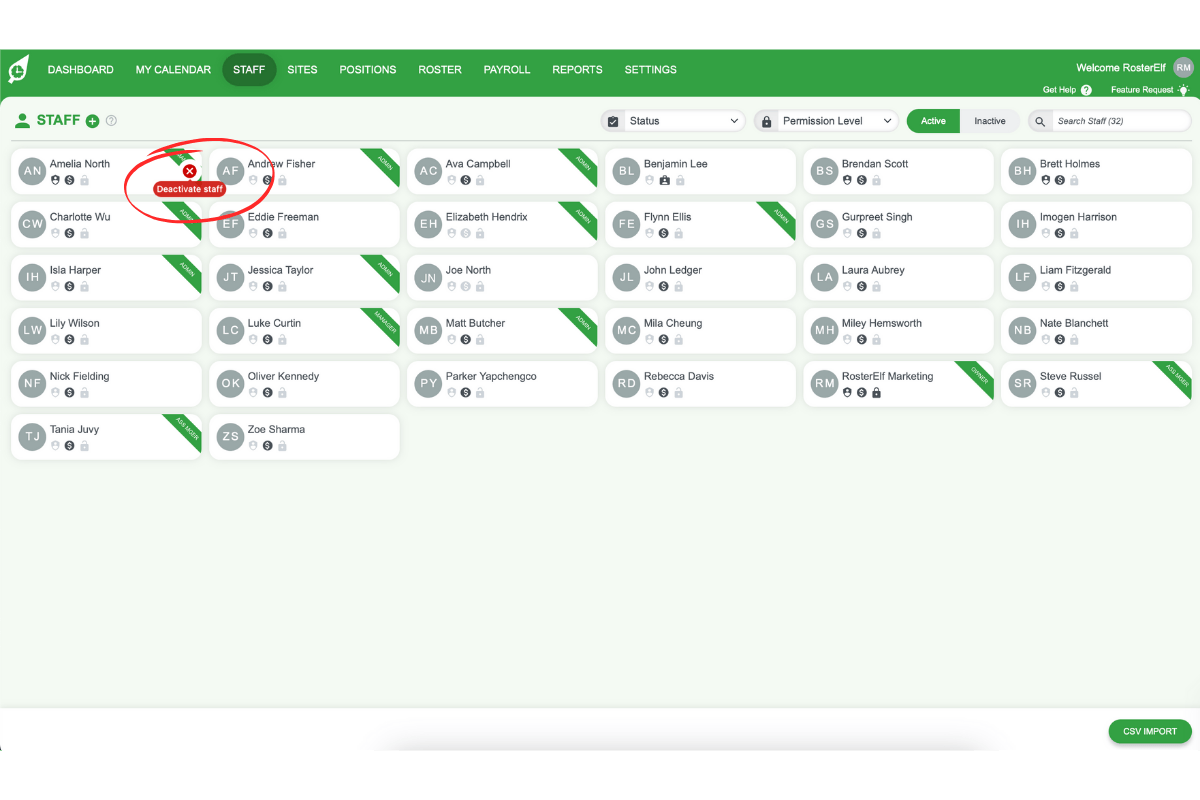 Screenshot showing the X button for deleting a staff member