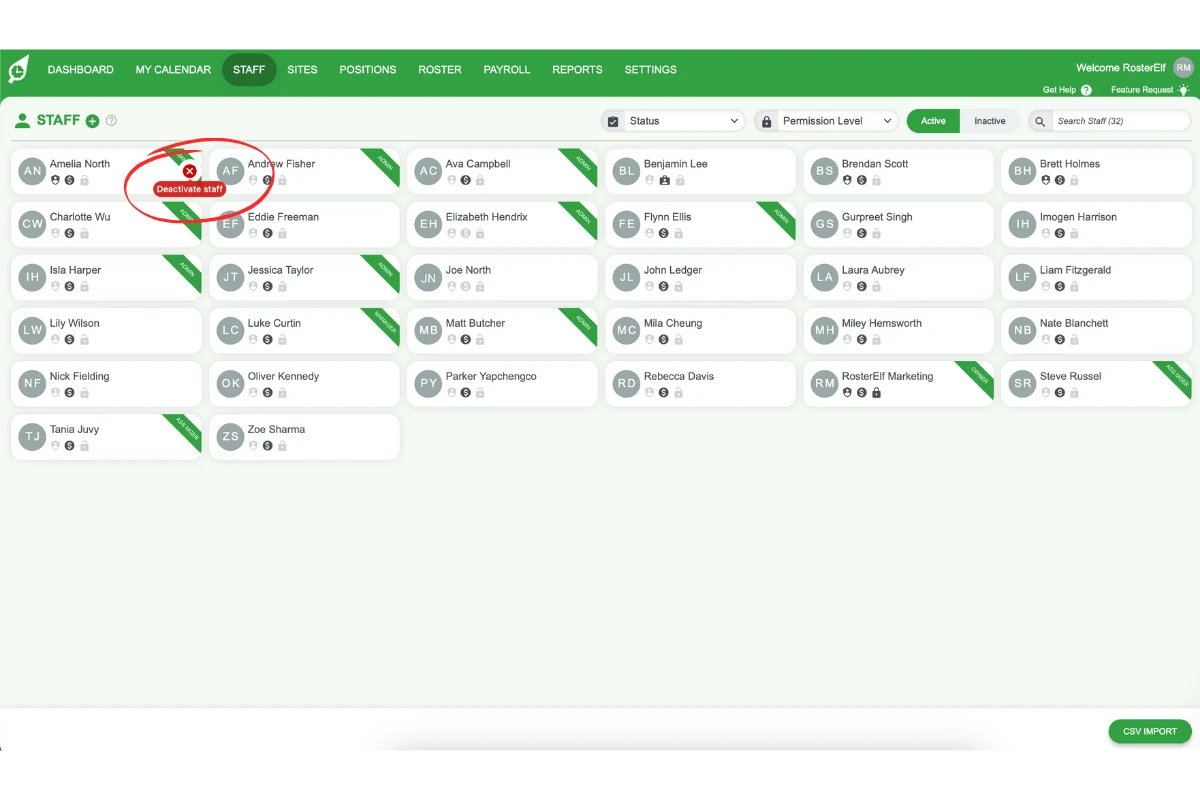 Screenshot showing the X button for deleting a staff member