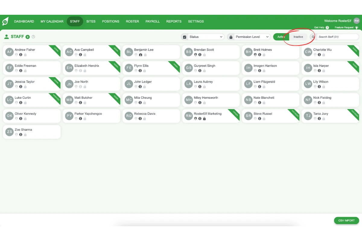 Screenshot showing the Inactive button to view deleted staff