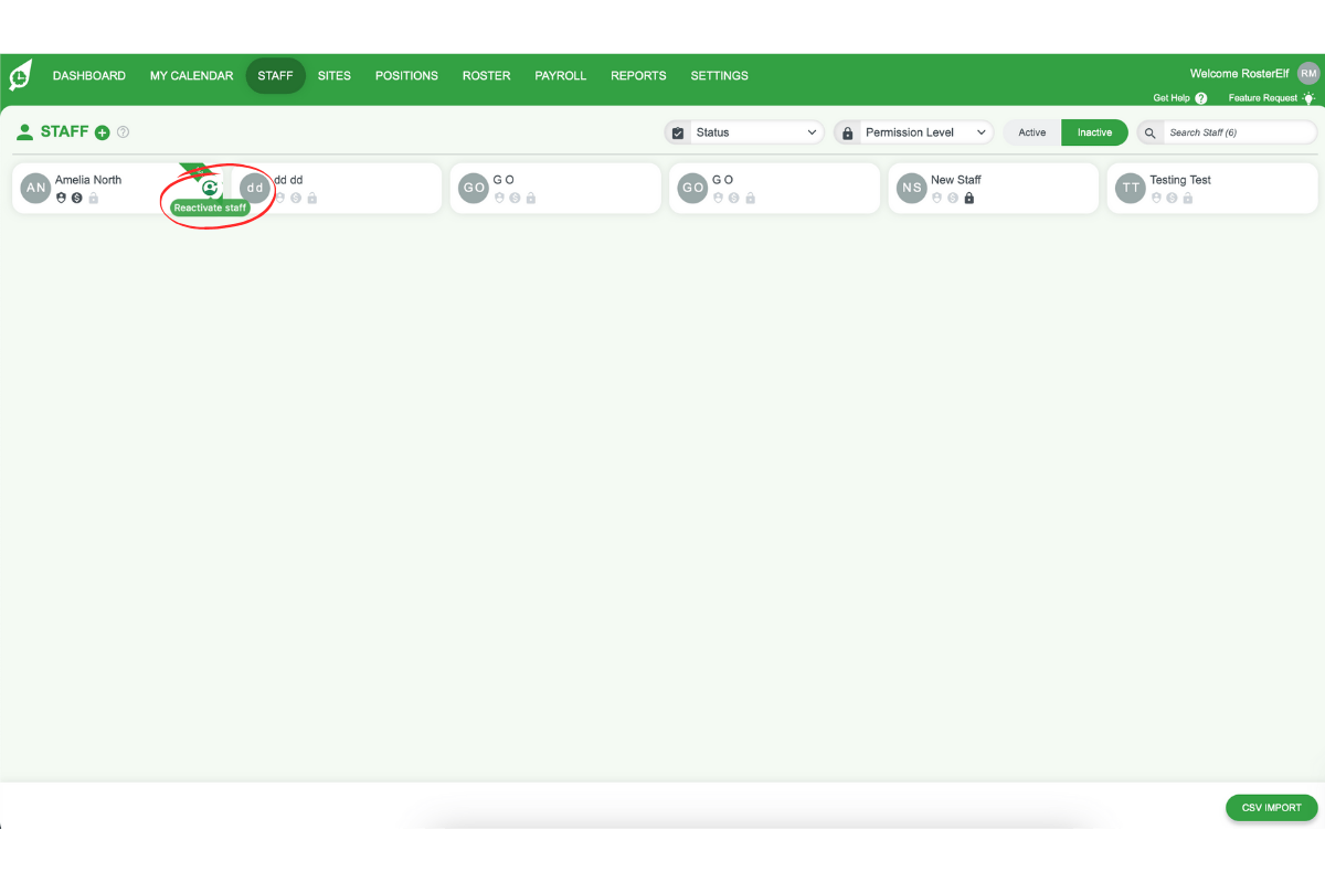 Screenshot illustrating the green re-activate icon for deleted staff