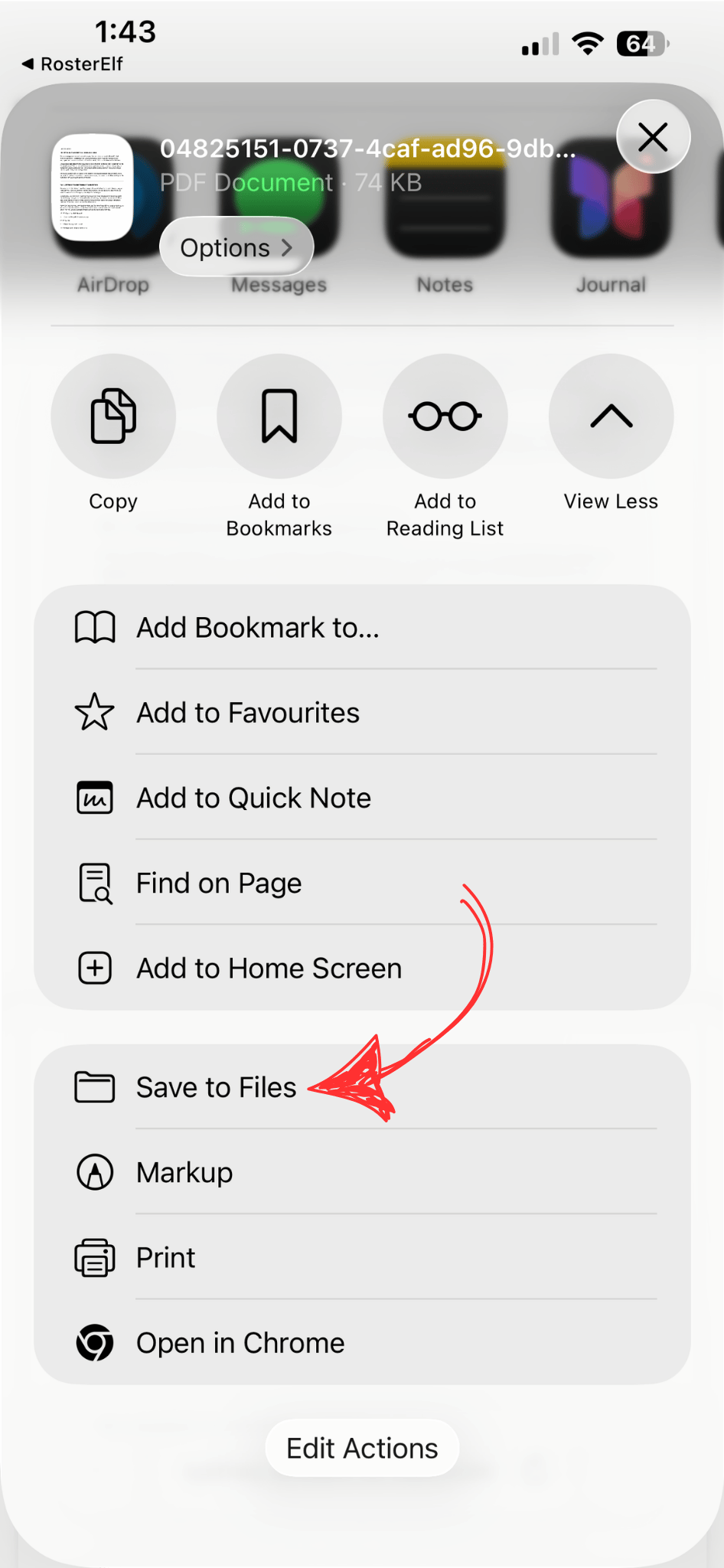 iOS Share sheet with Save to Files option highlighted, along with other share options