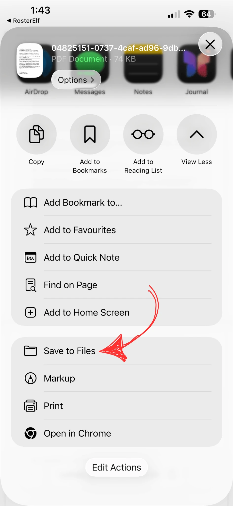 iOS Share sheet with Save to Files option highlighted, along with other share options