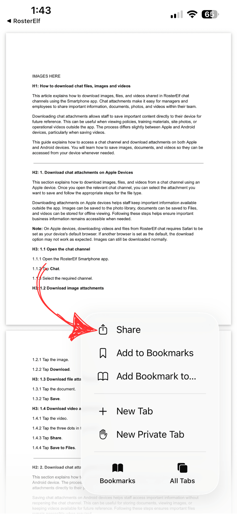 Safari browser menu showing the Share option highlighted at the top of the list
