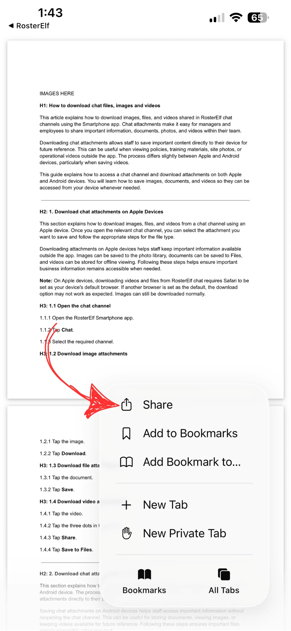 Safari browser menu showing the Share option highlighted at the top of the list