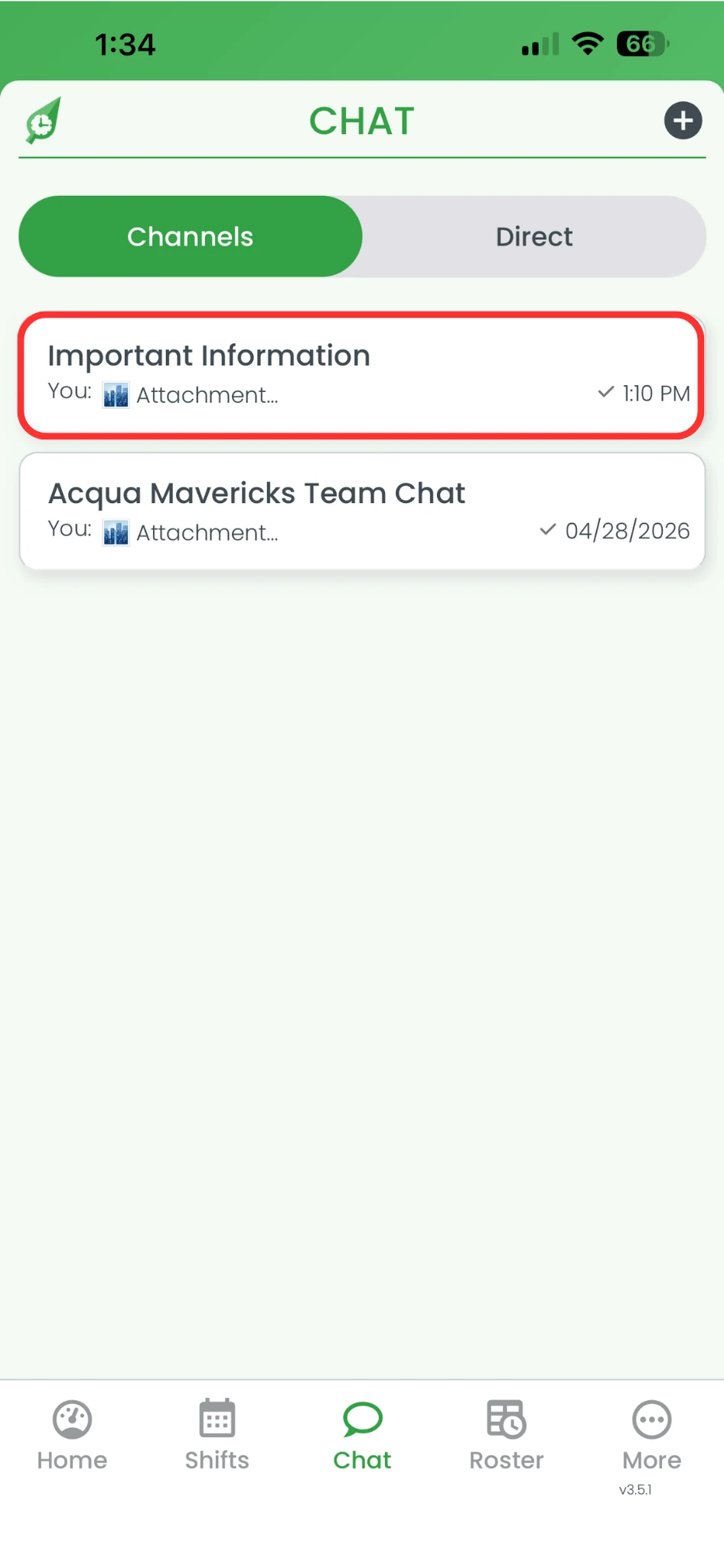 RosterElf chat screen showing a list of channels with one channel highlighted