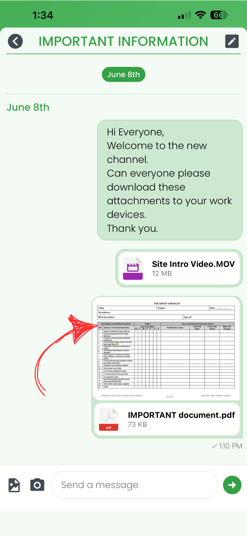 RosterElf chat channel showing an image attachment with a red arrow indicating which to tap