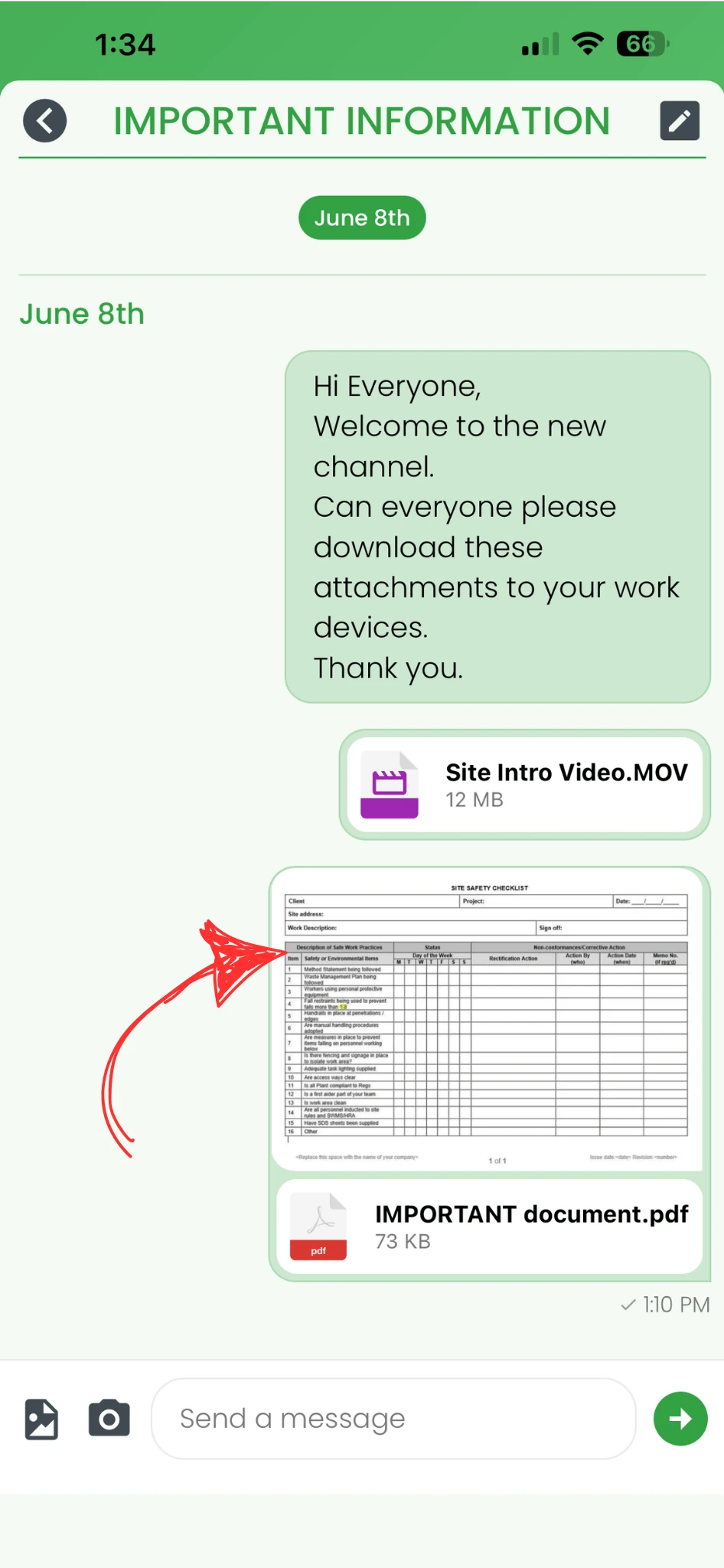 RosterElf chat channel showing an image attachment with a red arrow indicating which to tap