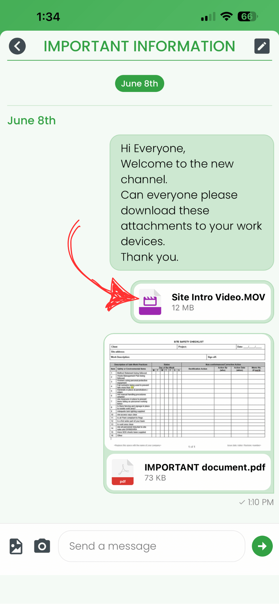 RosterElf chat channel showing a video attachment with a red arrow indicating which to tap