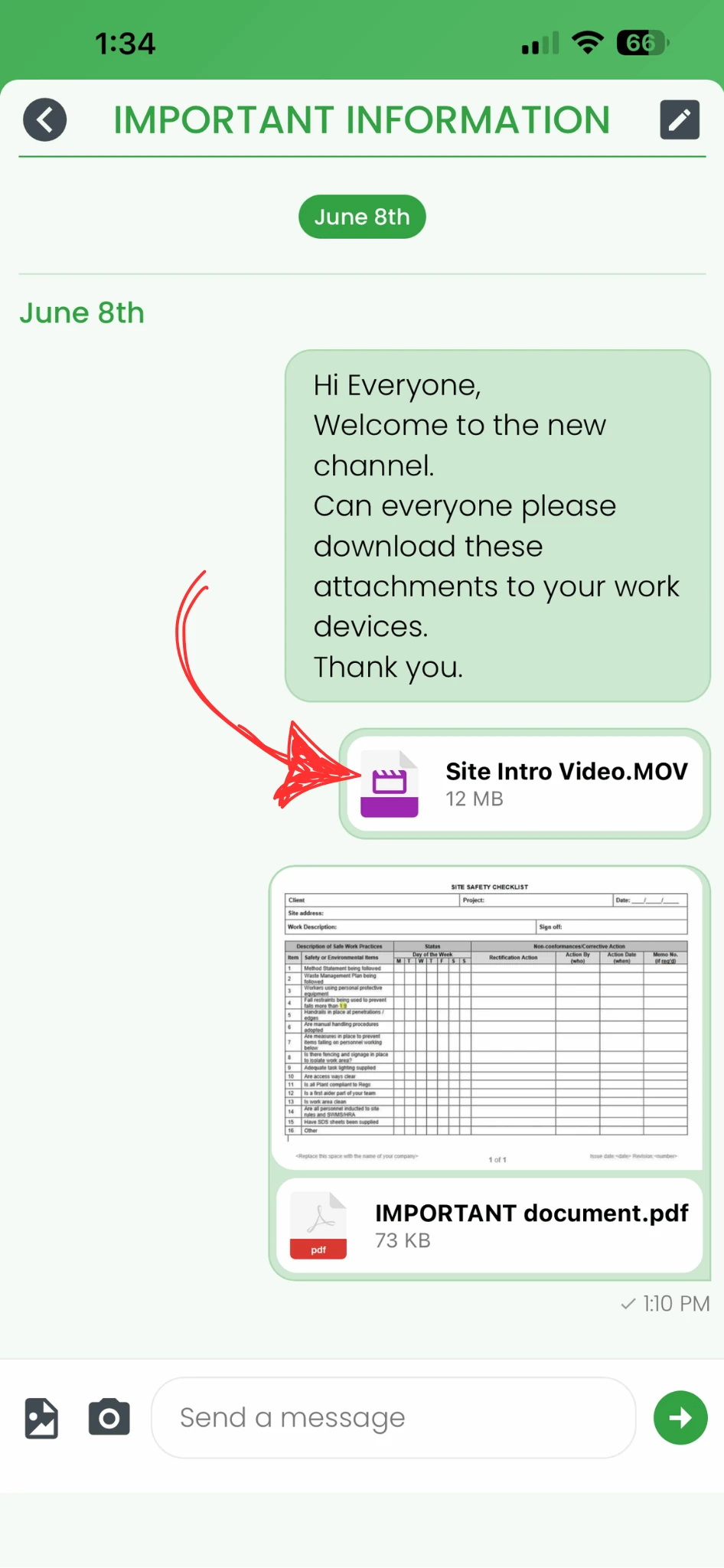 RosterElf chat channel showing a video attachment with a red arrow indicating which to tap