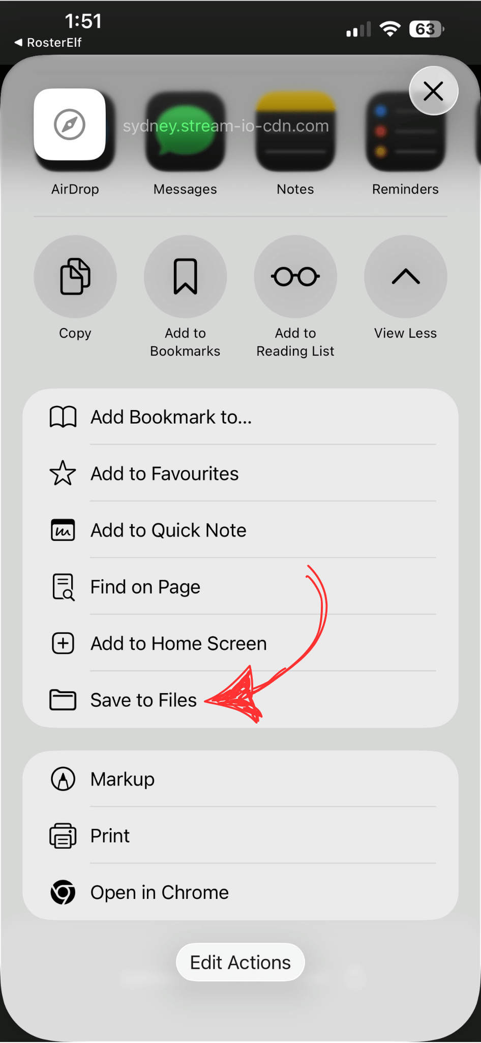 iOS Share sheet with Save to Files option highlighted for the downloaded video