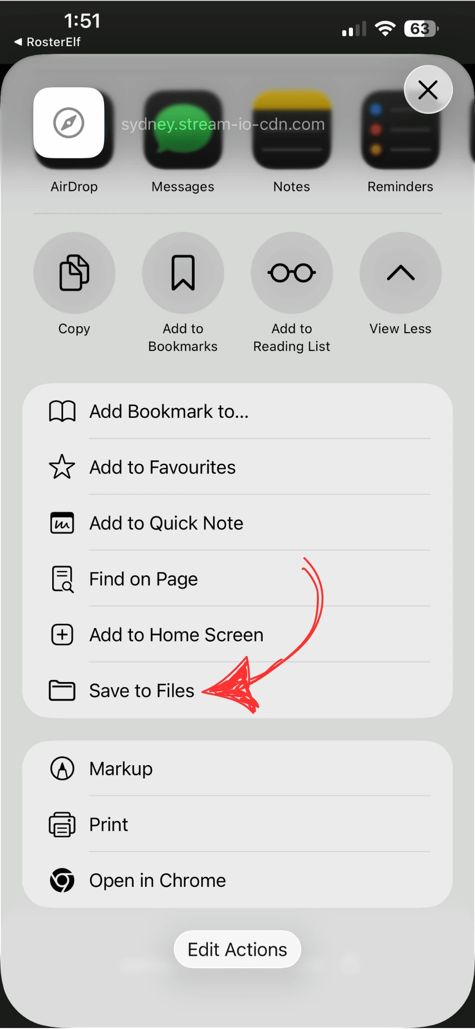 iOS Share sheet with Save to Files option highlighted for the downloaded video