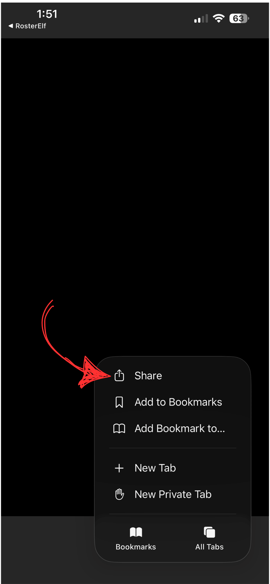 Video player more options menu with Share highlighted at the top