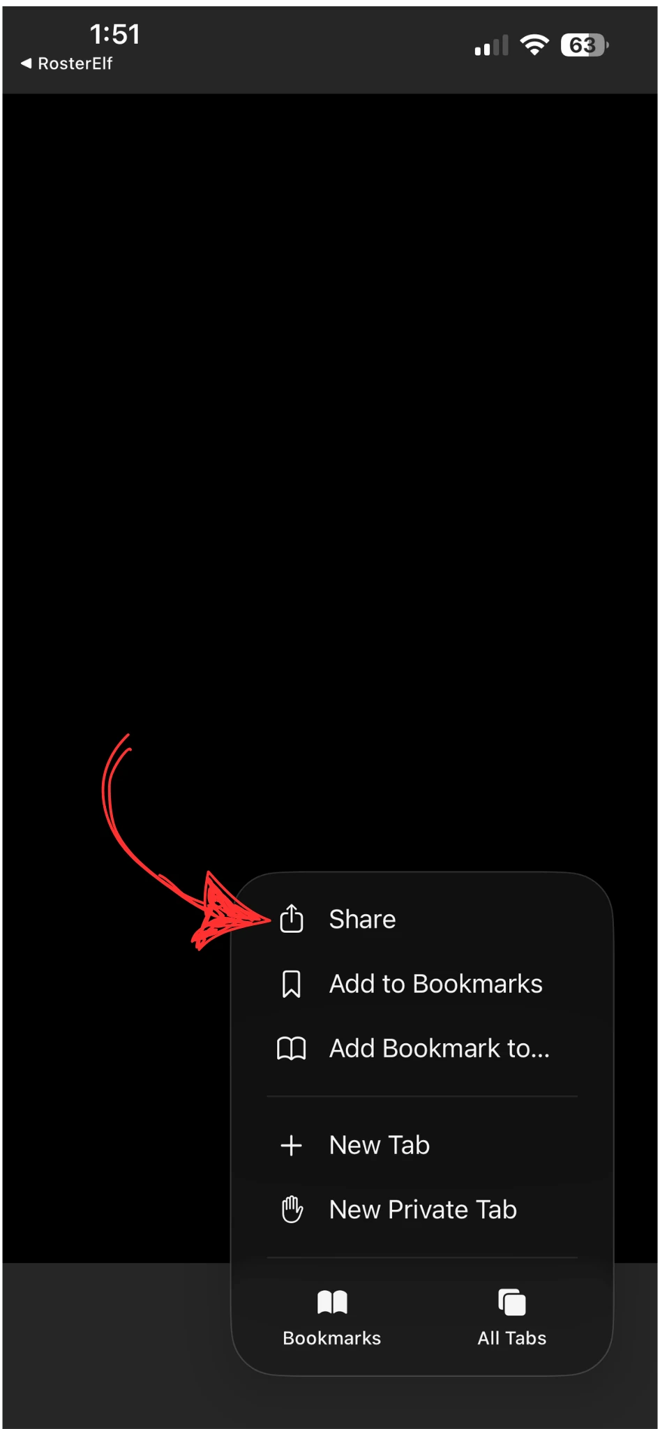 Video player more options menu with Share highlighted at the top