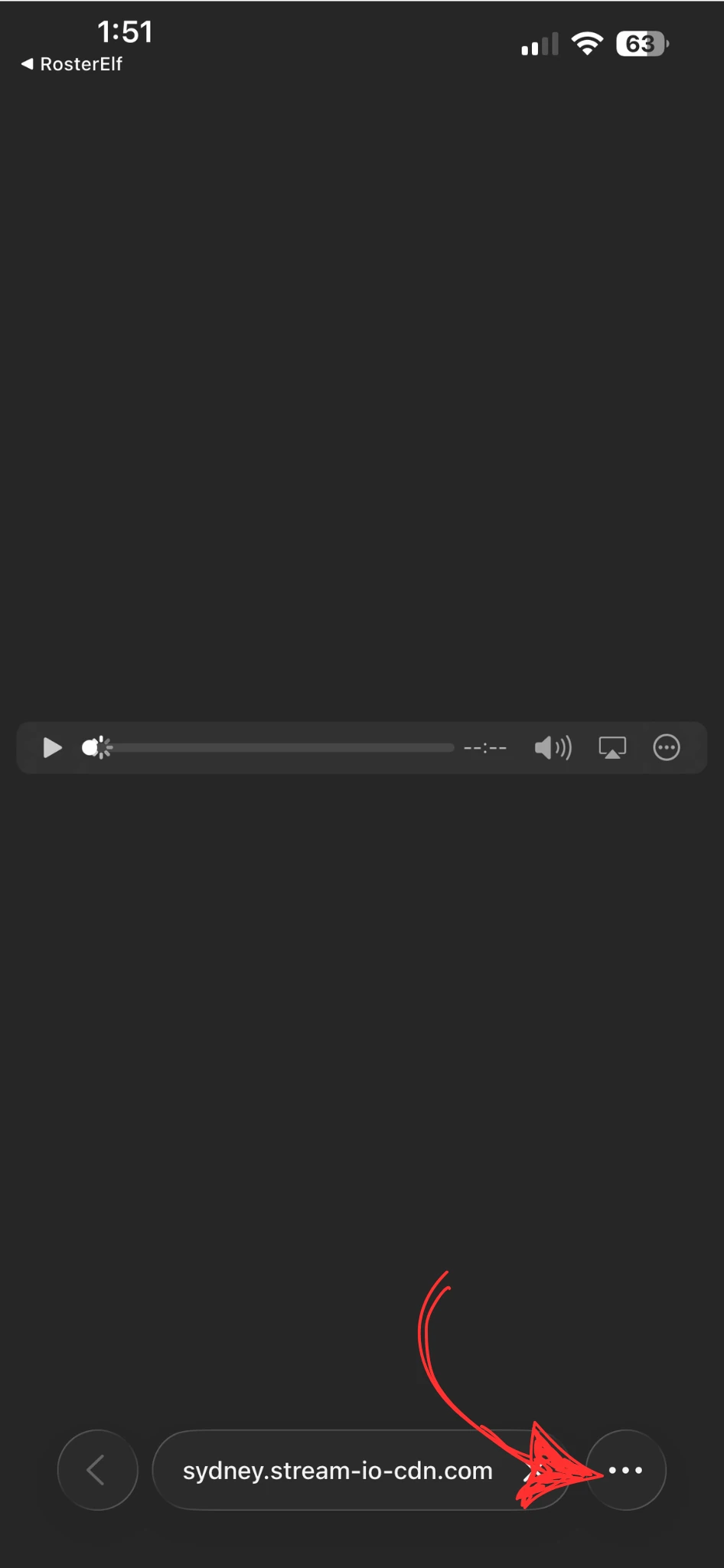 Video player open in Safari with the three-dots button highlighted in the bottom corner