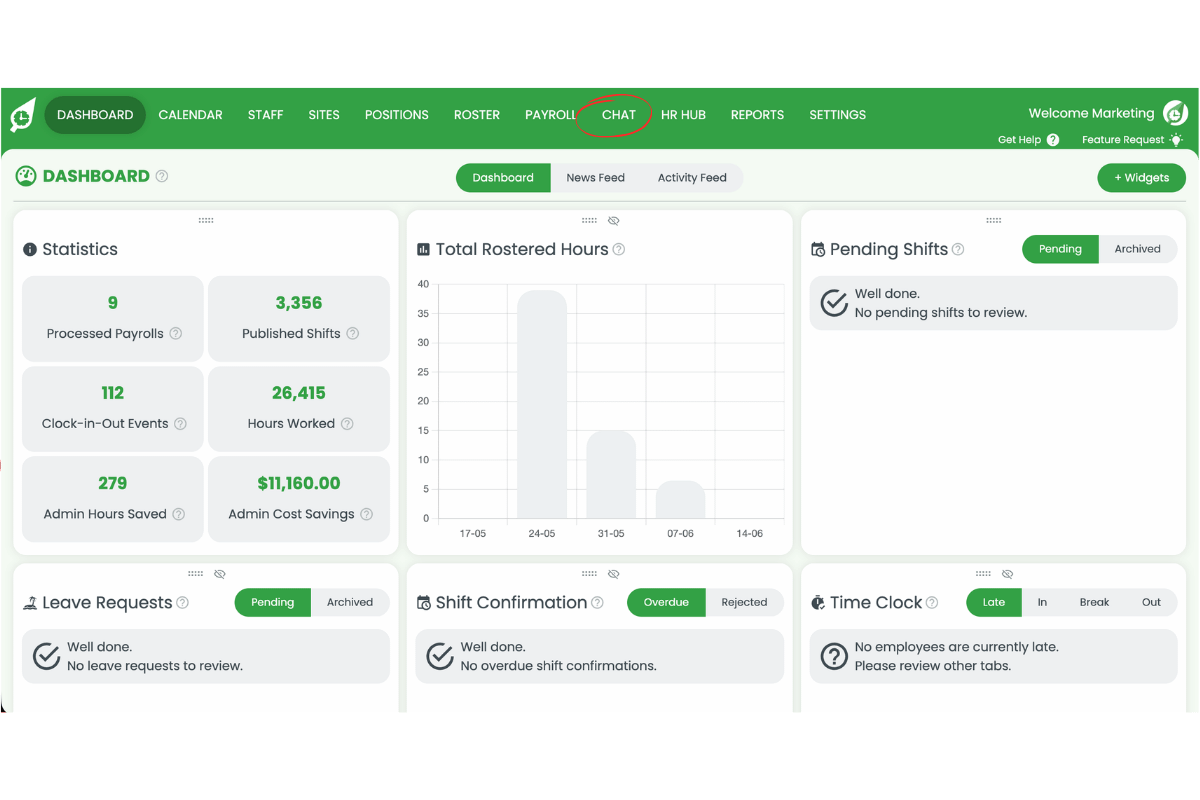 RosterElf dashboard with Chat highlighted and circled in the top navigation bar