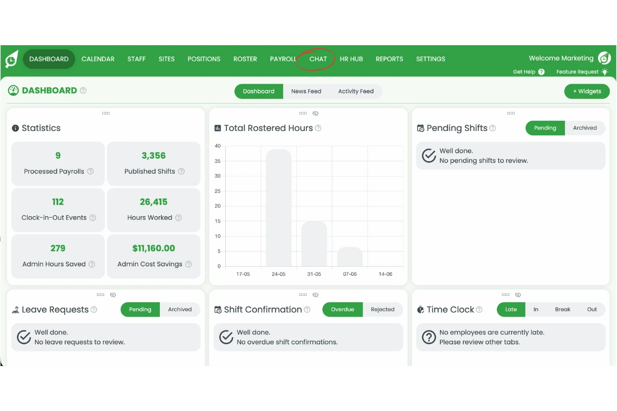 RosterElf dashboard with Chat highlighted and circled in the top navigation bar