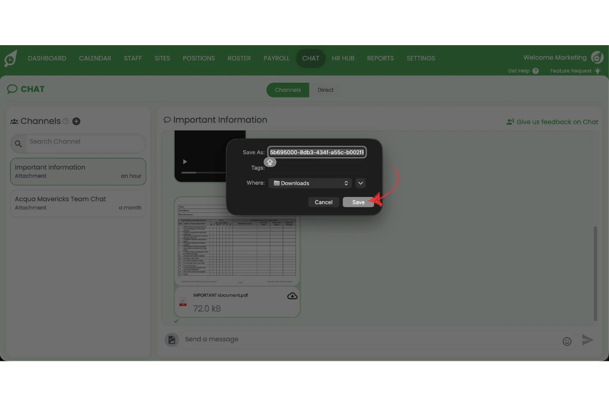Save As dialog with the Save button highlighted and a red arrow pointing to it