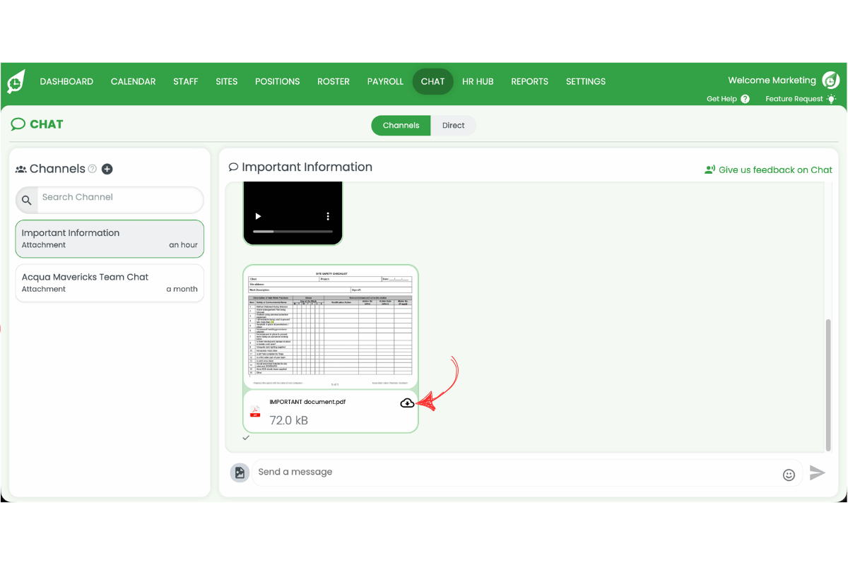 RosterElf chat channel showing a document attachment with the cloud download icon highlighted