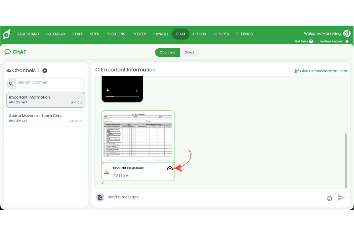 RosterElf chat channel showing a document attachment with the cloud download icon highlighted