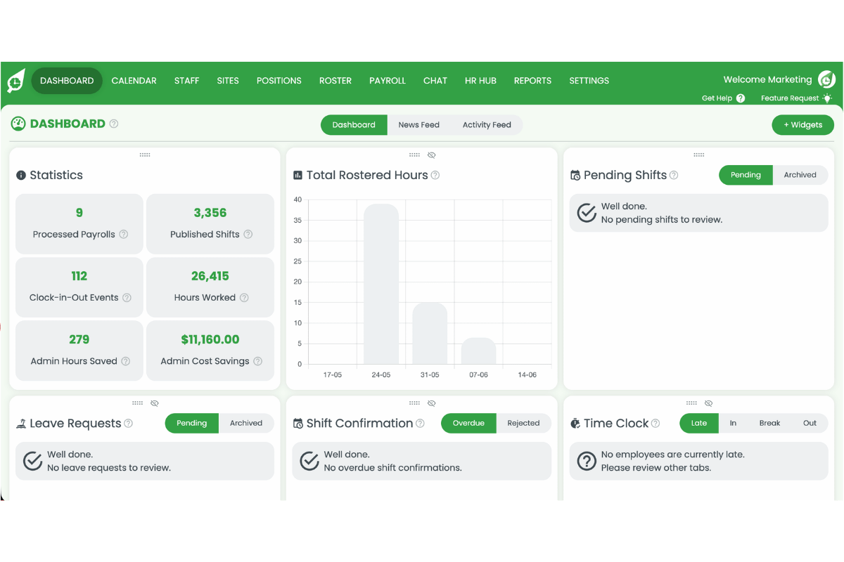RosterElf web application dashboard showing the main navigation menu