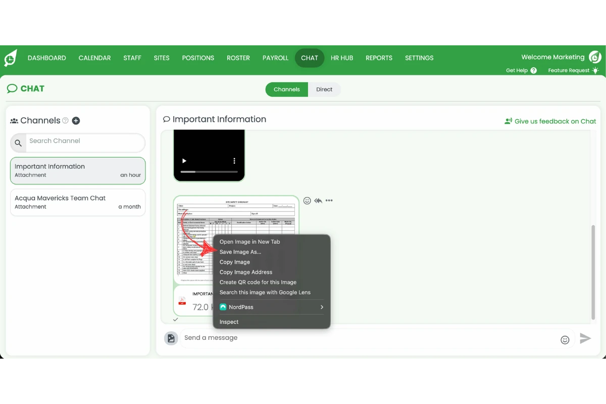 Right-click context menu open on a chat image with Save image as highlighted