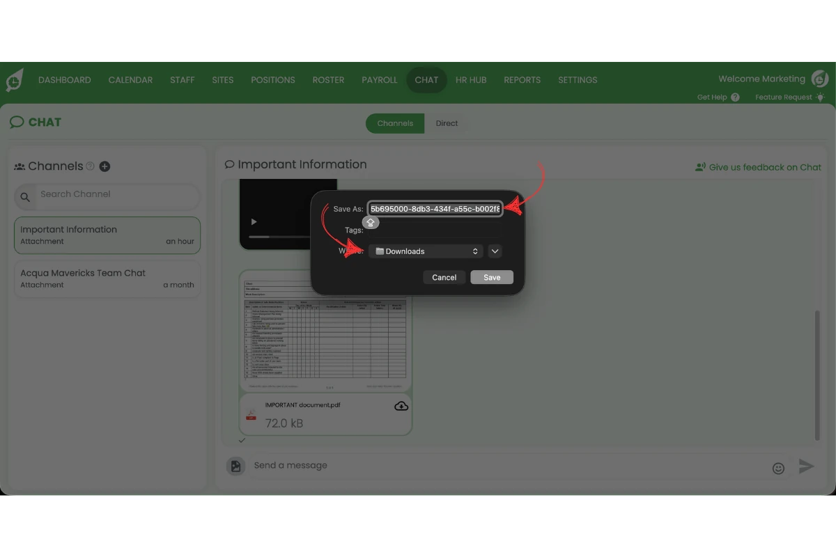 Save As dialog box showing the filename field and folder location set to Downloads