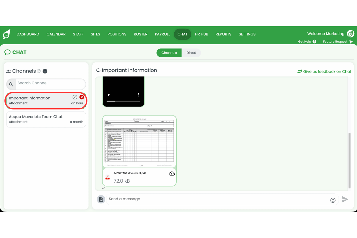 RosterElf chat section showing the channel list with a channel selected and message attachments visible