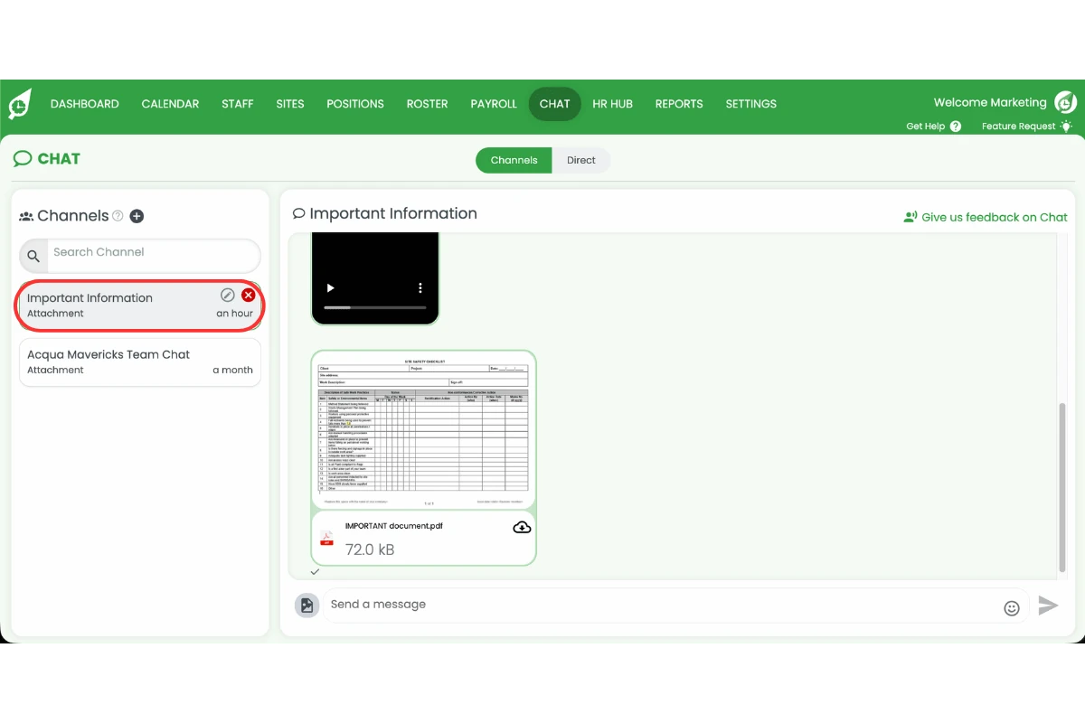 RosterElf chat section showing the channel list with a channel selected and message attachments visible