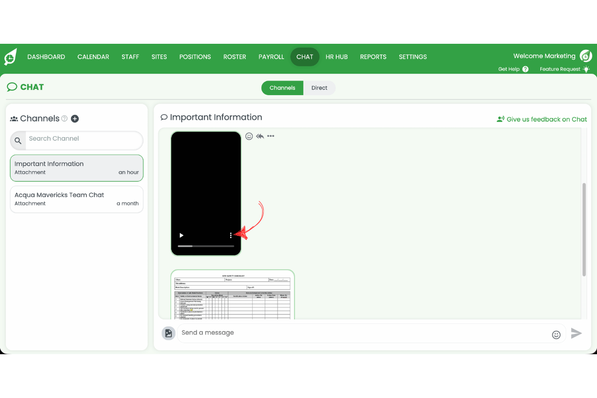 RosterElf chat channel showing a video attachment with the three-dots button circled