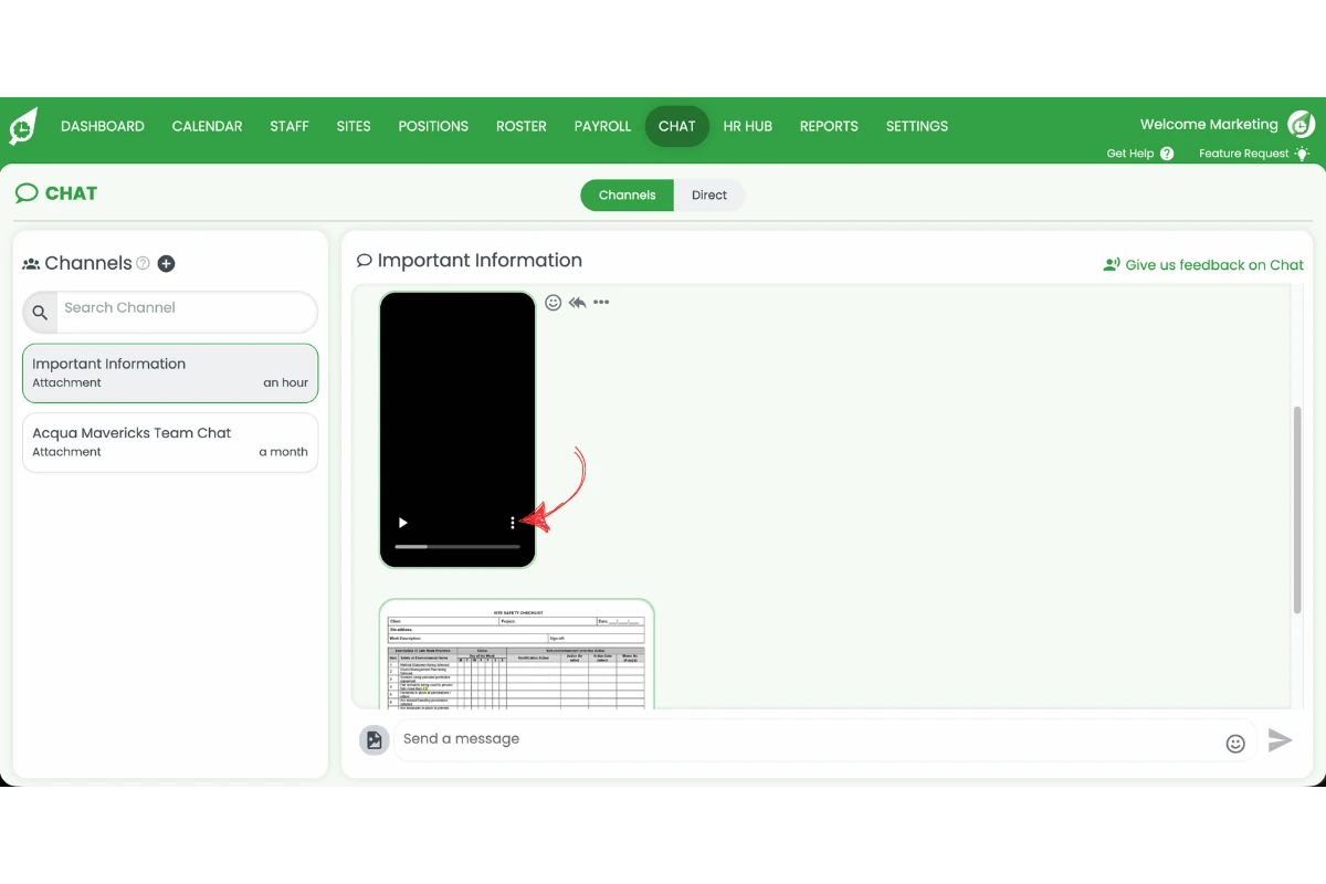 RosterElf chat channel showing a video attachment with the three-dots button circled