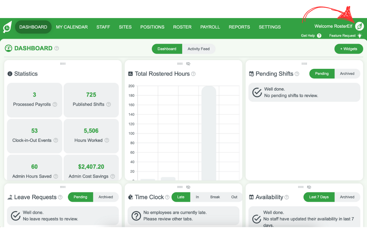 Top right account menu in RosterElf