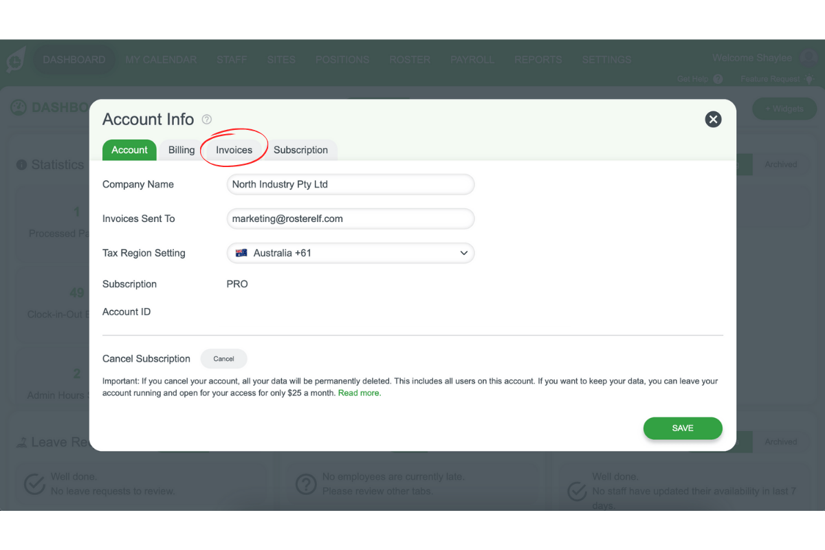 Invoices tab in RosterElf