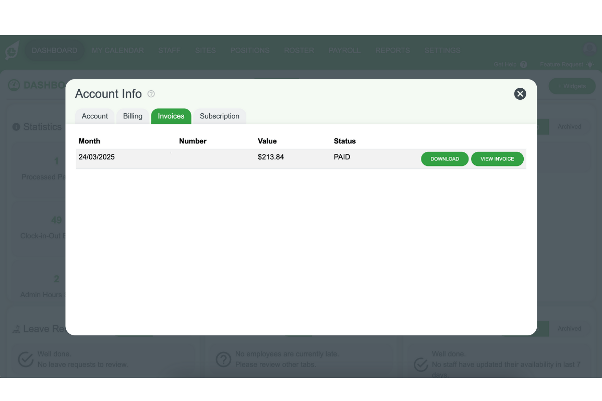 Viewing and downloading invoice in RosterElf