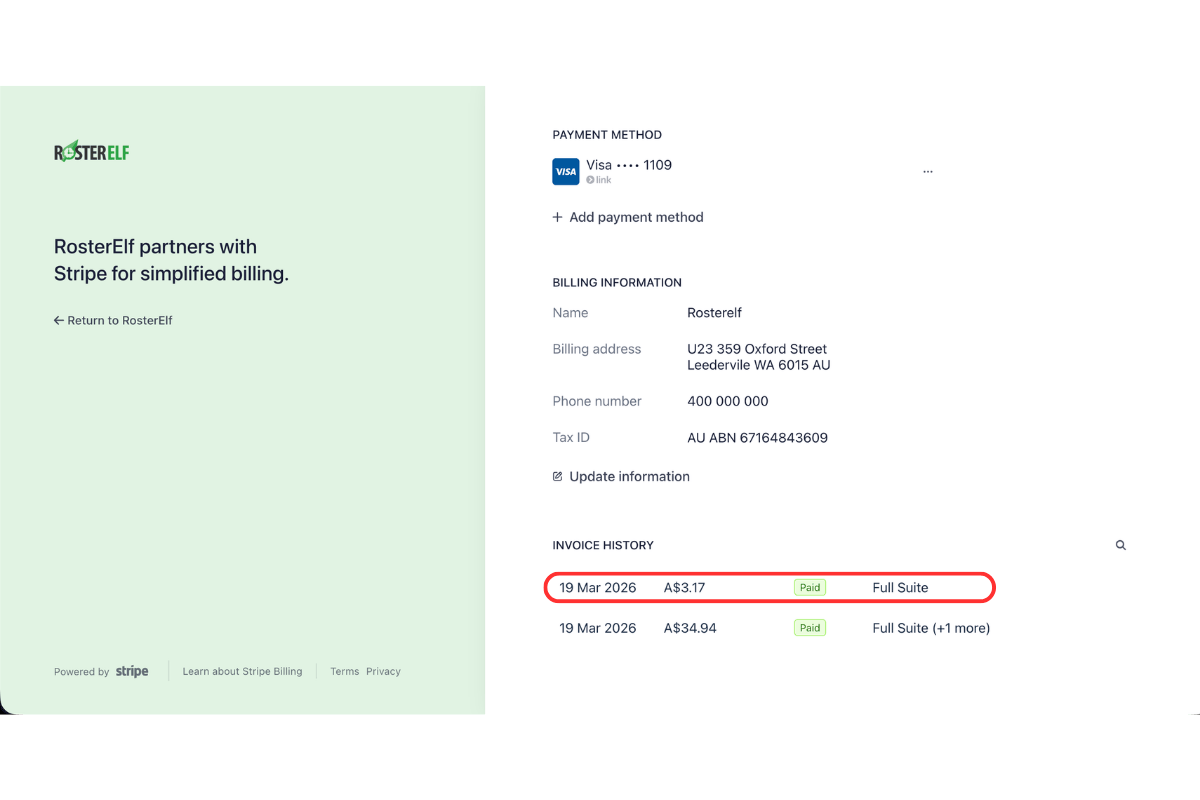 Stripe billing portal showing invoice history with a paid invoice entry circled in red