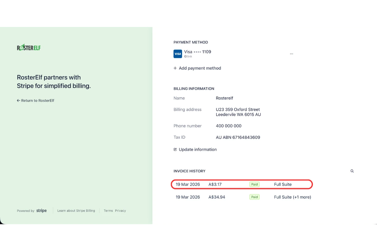 Stripe billing portal showing invoice history with a paid invoice entry circled in red