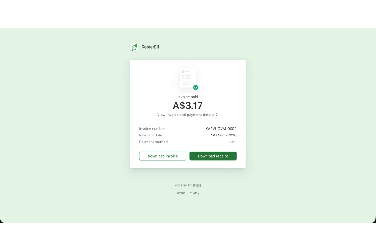 Stripe invoice page showing a paid invoice with Download invoice and Download receipt buttons