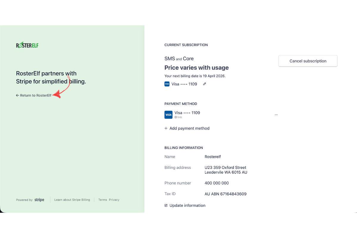 Stripe billing portal showing the Return to RosterElf link highlighted with an arrow