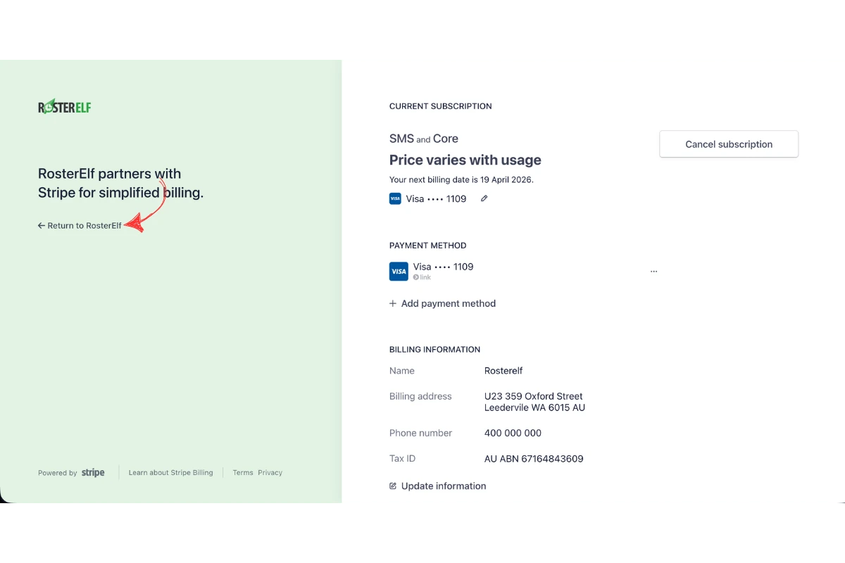 Stripe billing portal showing the Return to RosterElf link highlighted with an arrow