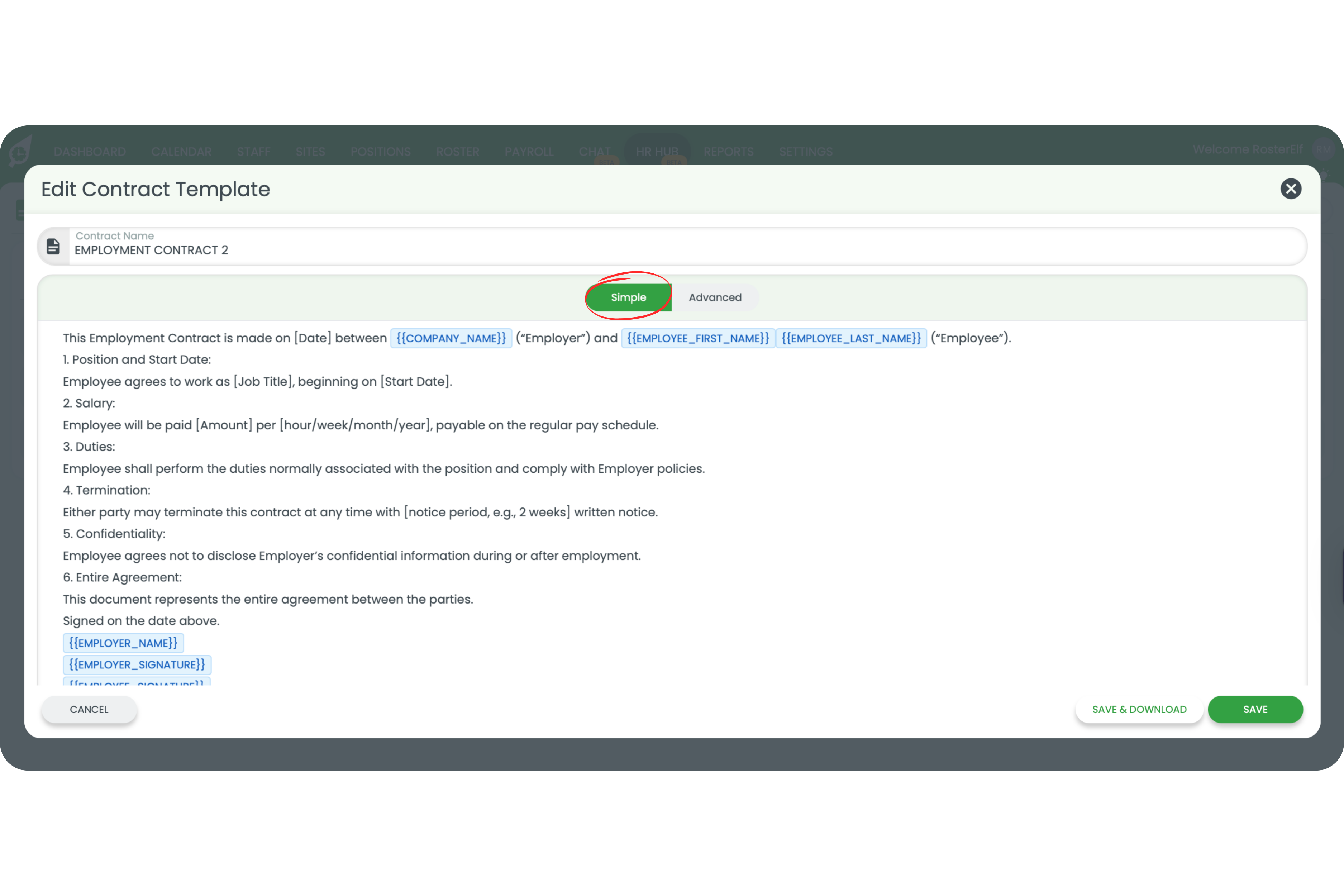 HR Hub Simple View showing editable paragraphs with toolbar options