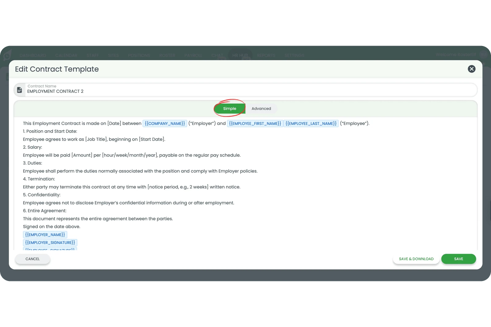 HR Hub policy editor showing Simple View with text formatting toolbar