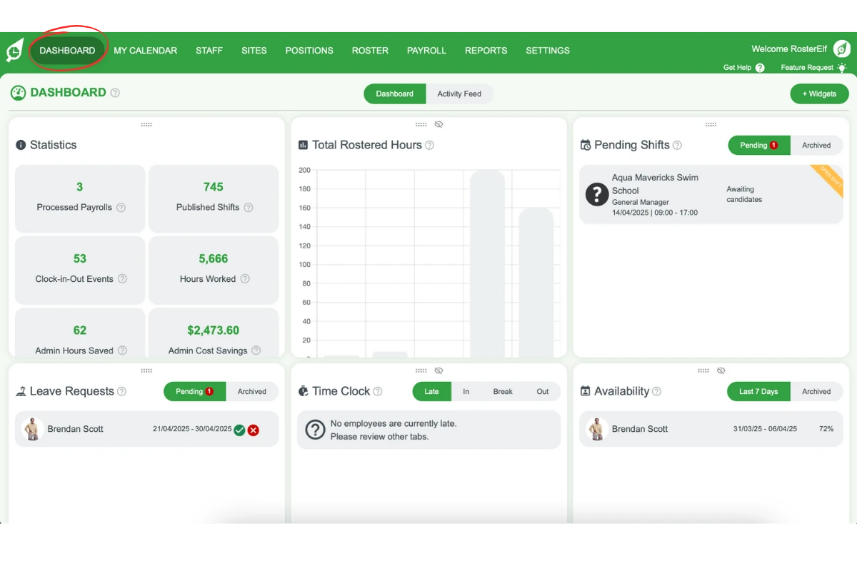 RosterElf dashboard main screen