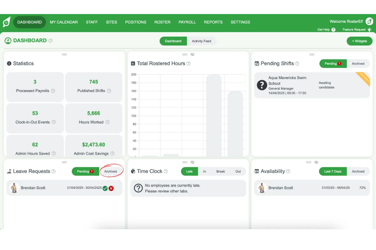 Archived tab in the leave widget