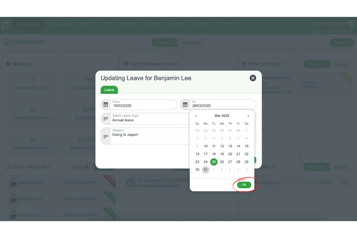 Updating leave dates and type in edit window