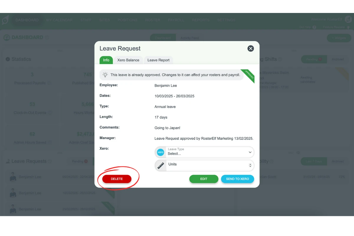 Delete button for a leave entry