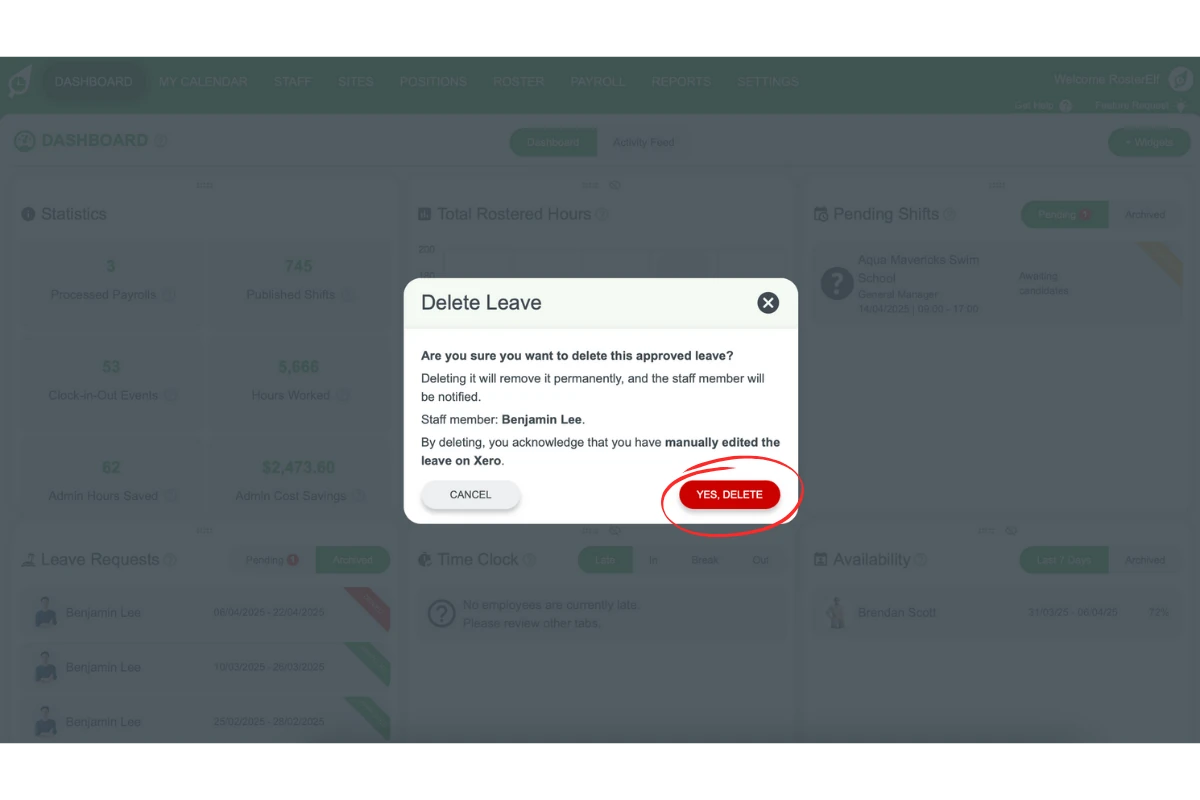 Confirmation dialog to permanently delete leave entry