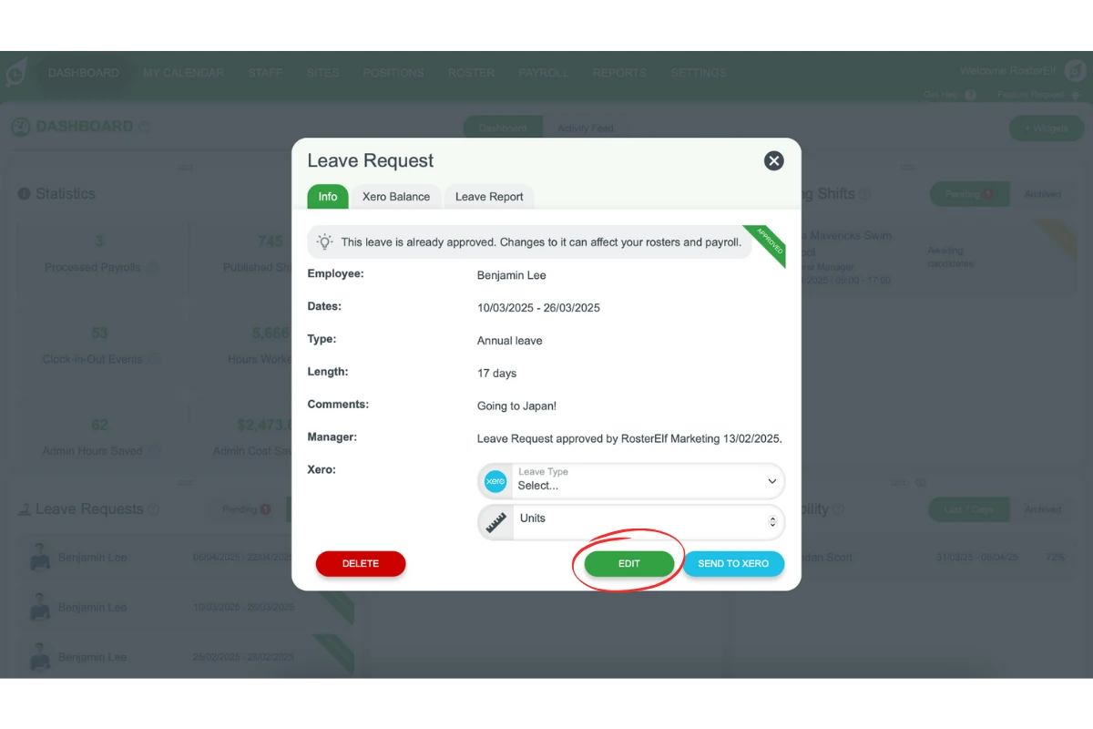 Edit button for a leave entry