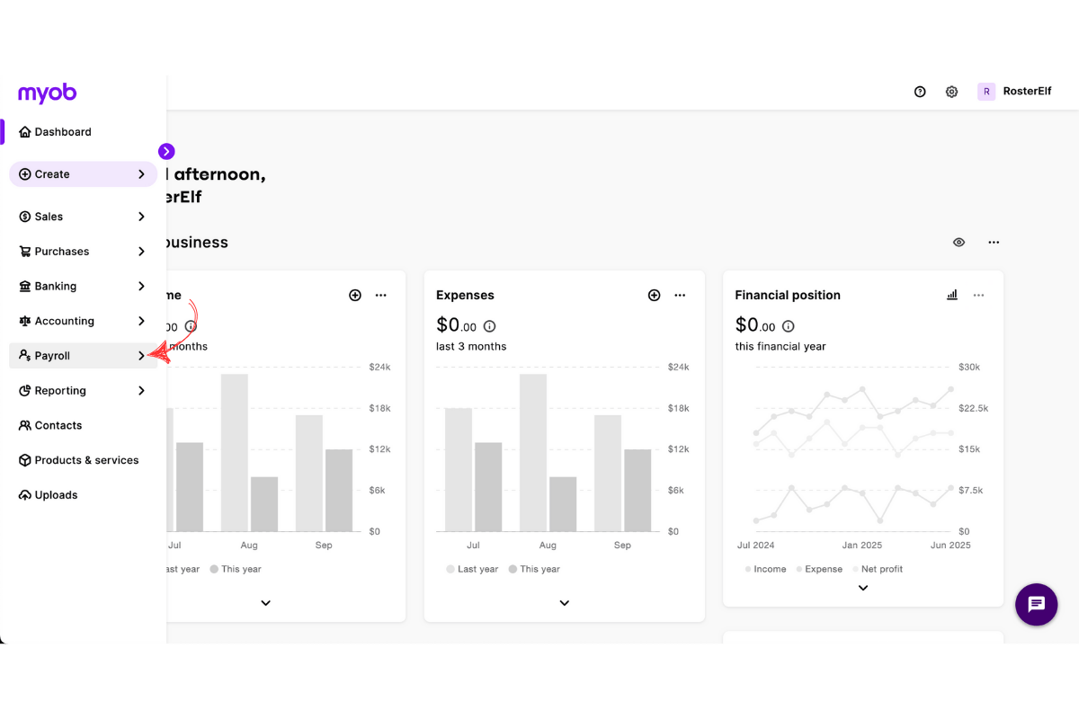 Pressing Payroll in MYOB My Business navigation