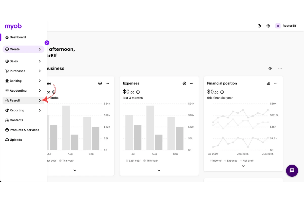 Pressing Payroll in MYOB My Business navigation