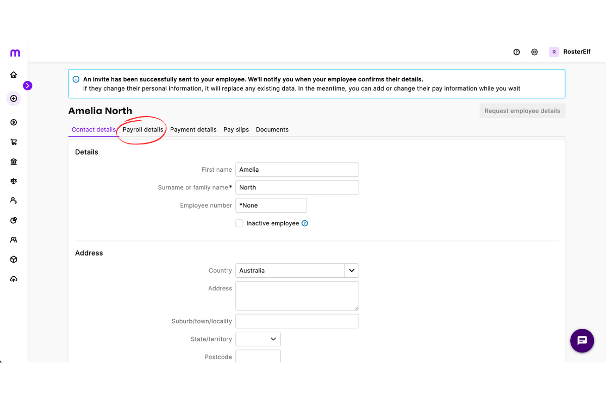 Opening Payroll details for the selected employee in MYOB