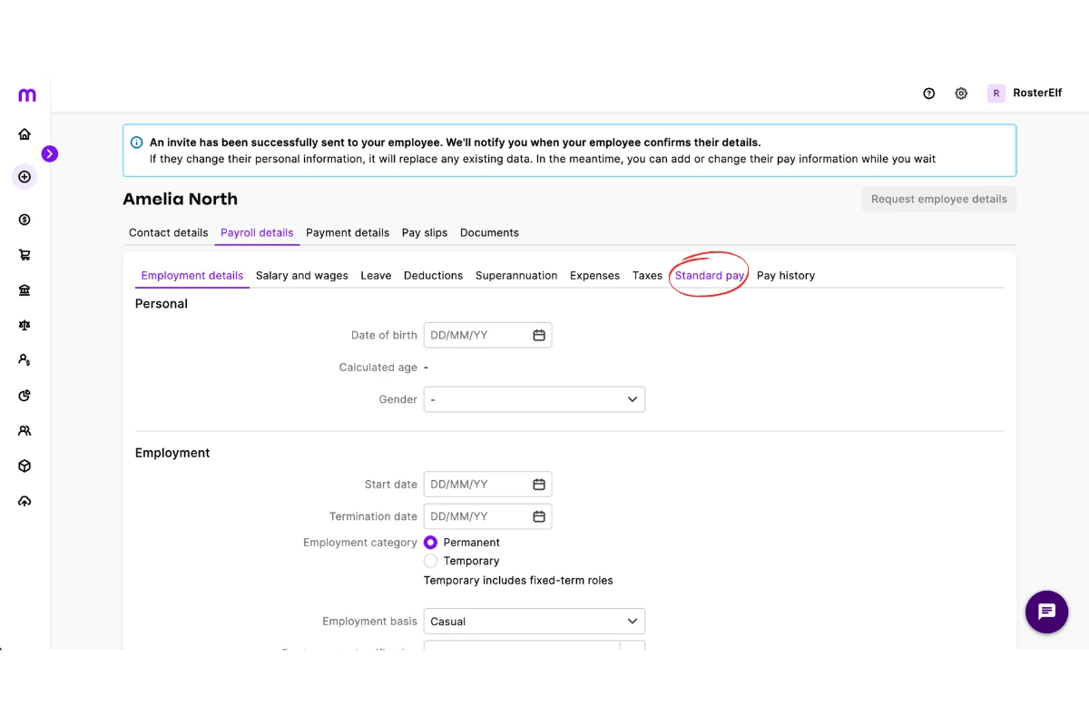 Clicking Standard pay in employee Payroll details